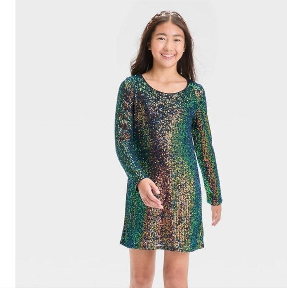 Girls' Long Sleeve Sequin A-Line Dress - art class M - Picture 1 of 16